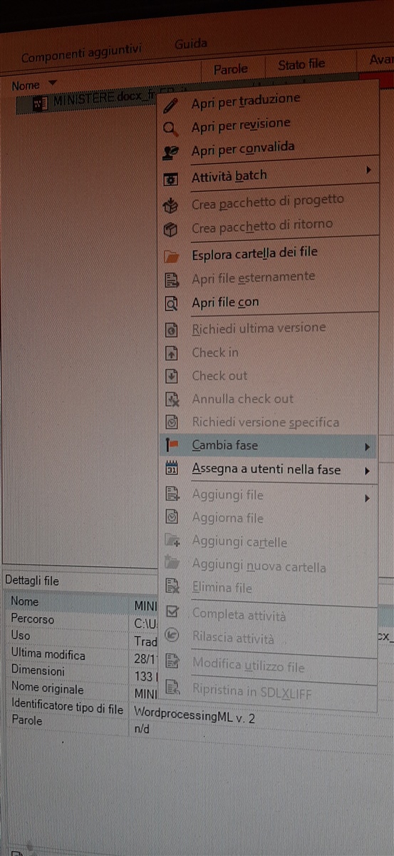 Trados Studio screenshot showing a right-click menu with options like 'Open for translation', 'Batch activities', and 'Explore file folder'. The 'Upload from source file' option is not visible.