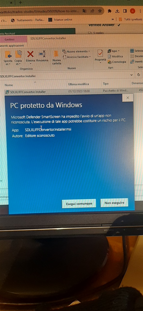 Windows protected your PC pop-up message from Microsoft Defender SmartScreen preventing the launch of an unrecognized app, SDLXLIFFConverter.Installer, with options to 'Run anyway' or 'Don't run'.
