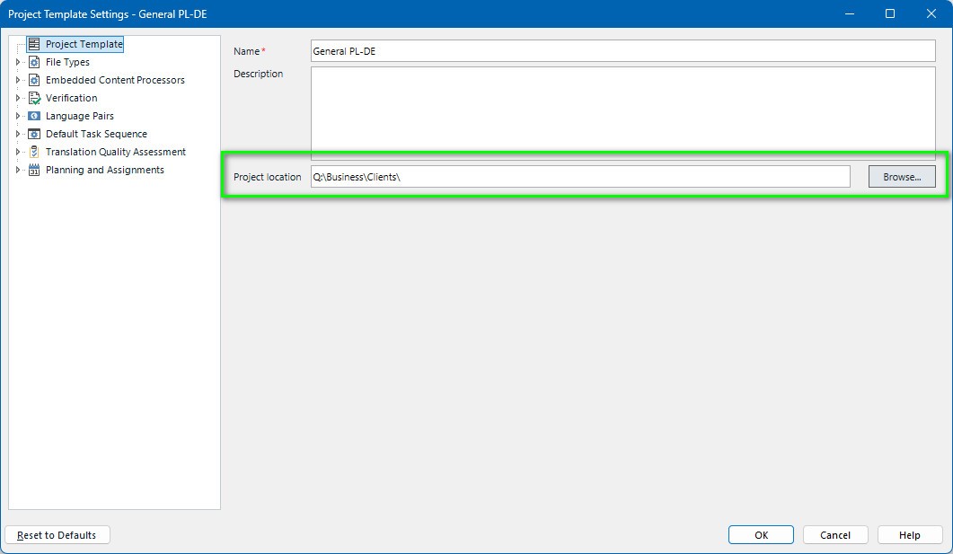 Trados Studio Project Template Settings window showing 'General PL-DE' template with a specified project location path 'Q:BusinessClients'.