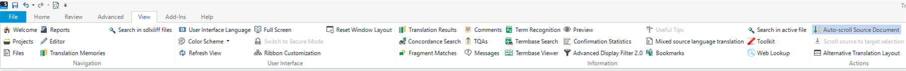 Trados Studio screenshot showing the View menu with options like User Interface Language, Color Scheme, and Full Screen. The 'Synchronous Scrolling' option is highlighted indicating activation.