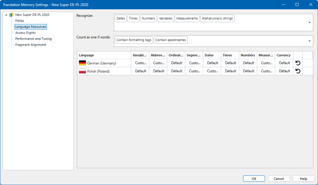 Translation Memory Settings in Trados Studio for a German to Polish project with options for recognizing Dates, Times, Numbers, Variables, Measurements, Alphanumeric strings, and custom settings for Currency.