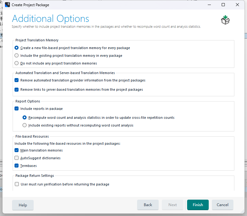 Trados Studio Create Project Package window with Additional Options section visible. Options for Project Translation Memory, Automated Translation and Server-based Translation Memories, Report Options, and File-based Resources are shown with some options checked.