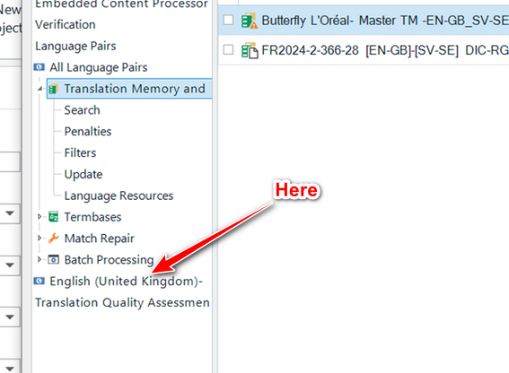 Screenshot of Trados Studio interface showing a red arrow pointing to 'Batch Processing' under 'English (United Kingdom)-Translation Quality Assessment' in the navigation pane.