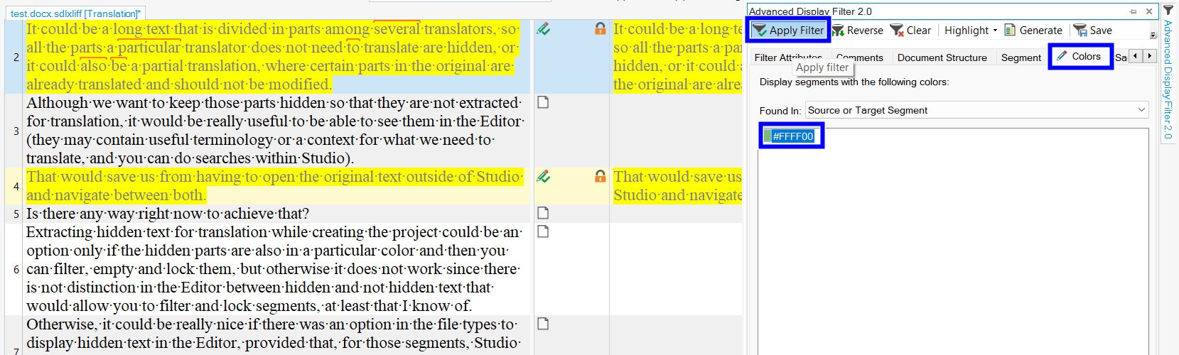 Trados Studio editor screen showing text with highlighted sections in yellow, indicating hidden text that needs to be locked.