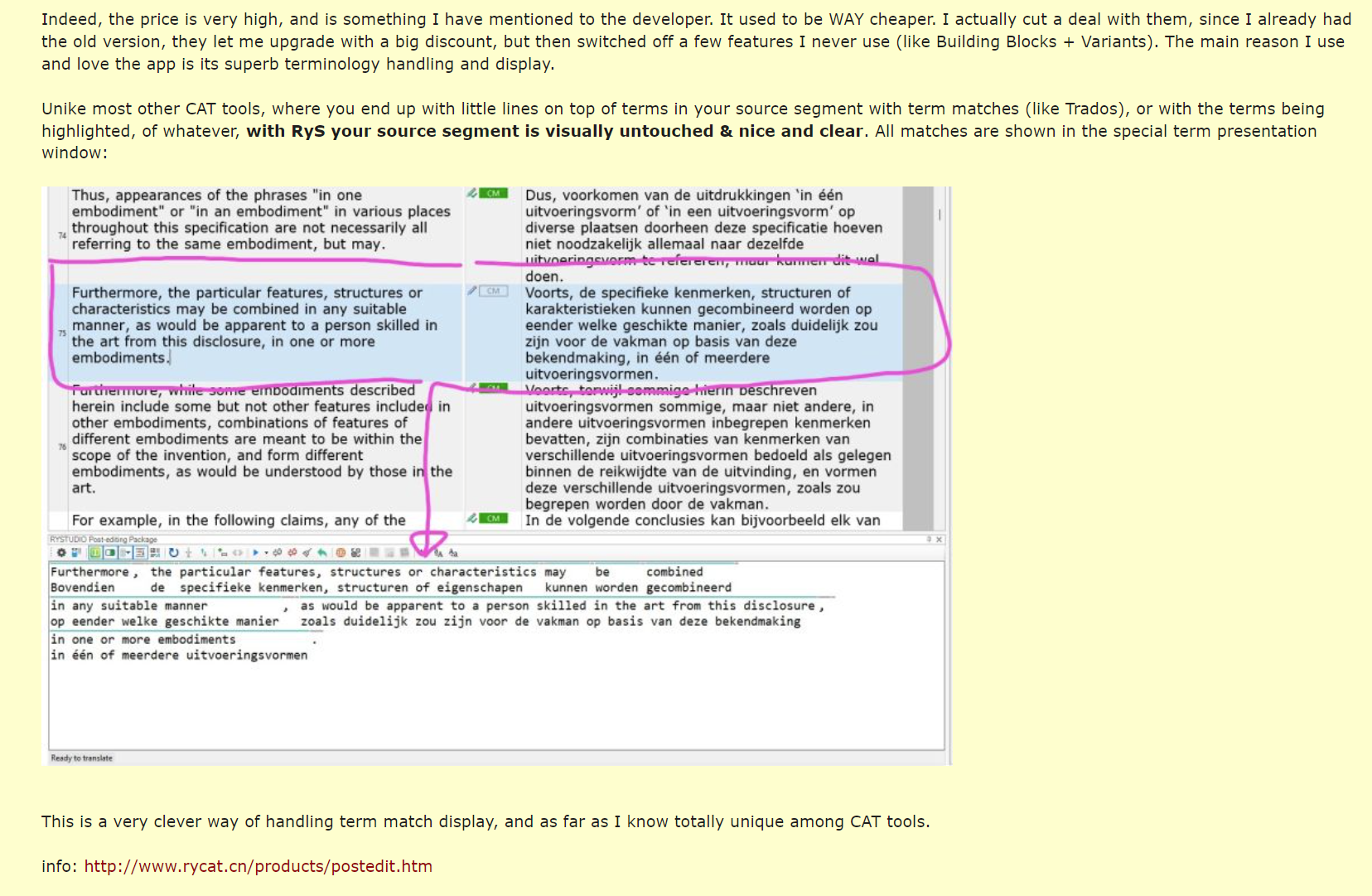 Screenshot of Trados Studio with RYSTUDIO Post-editing Package showing a text segment with term matches highlighted. The source segment is clear, with term matches displayed in a special term presentation window.