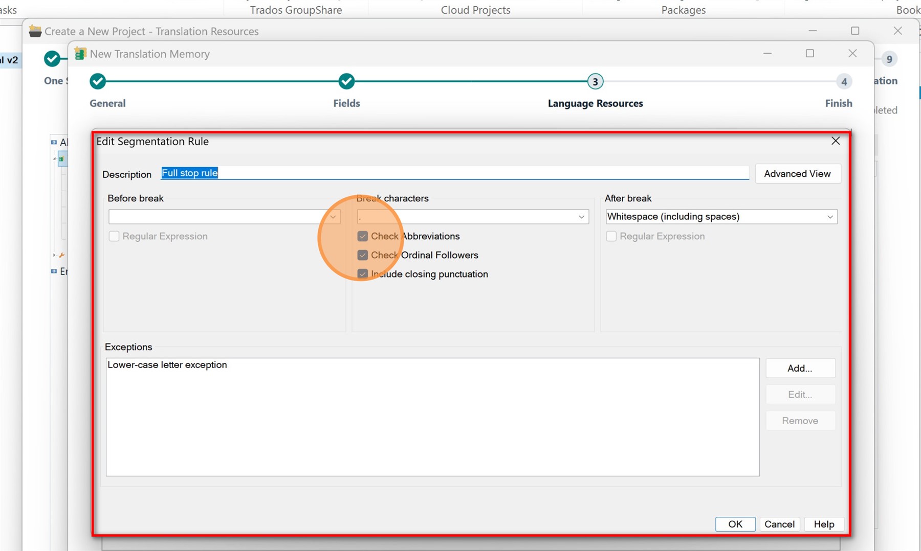 Screenshot of Trados Studio's 'Edit Segmentation Rule' window with options for 'Full stop rule' including checkboxes for 'Check abbreviations', 'Check Ordinal Followers', and 'Include closing punctuation'.