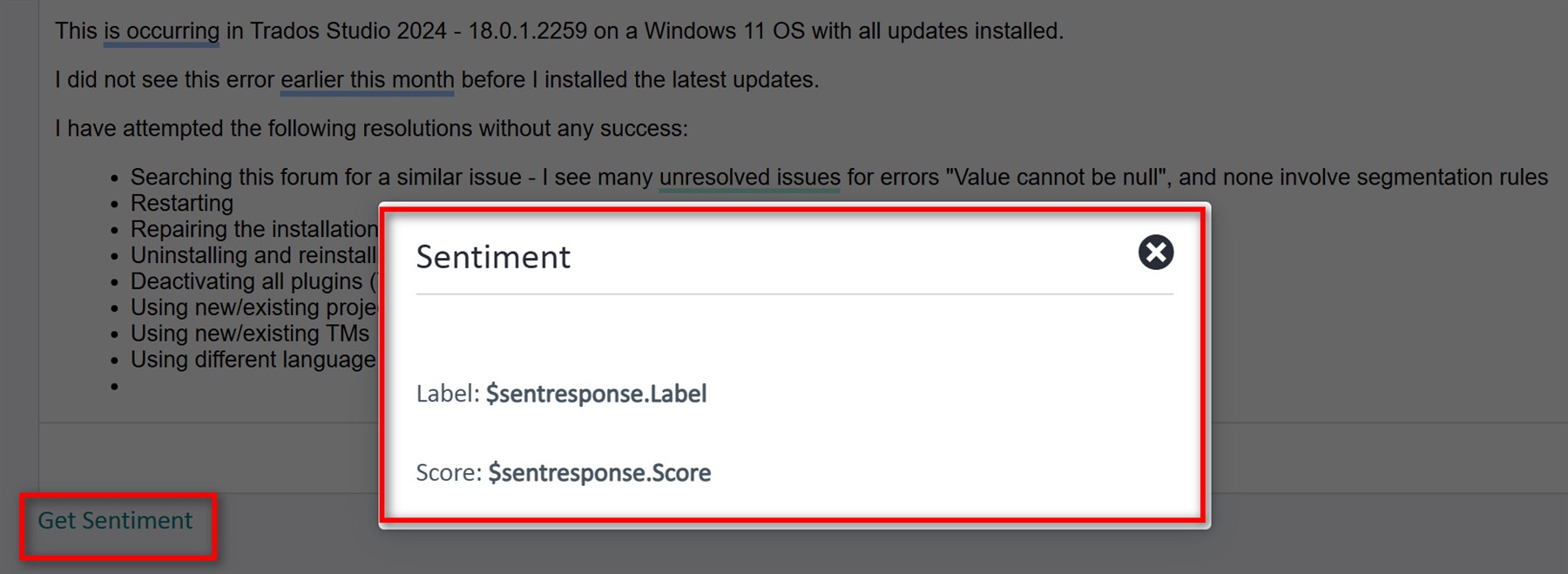 Screenshot of Trados Studio's sentiment analysis tool displaying an error with placeholders '$sentresponse.Label' and '$sentresponse.Score' instead of actual values.