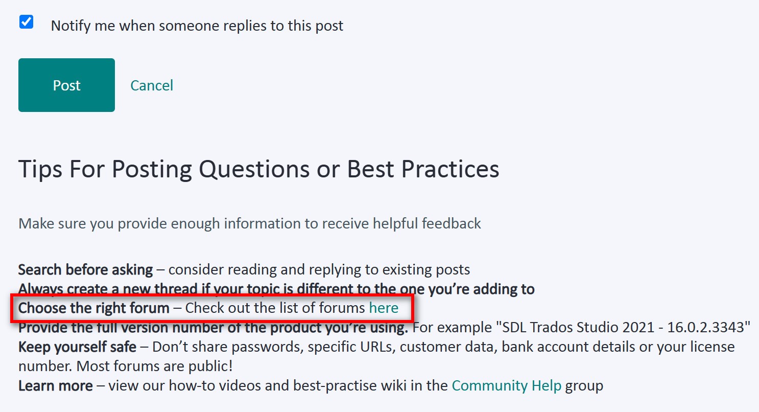 Screenshot of a forum post with a section highlighted advising to 'Choose the right forum - Check out the list of forums here' with a red box around 'here'.