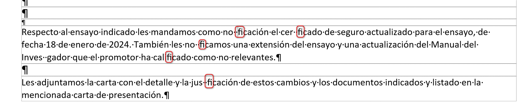 Screenshot of a text document with ligature issues, showing the 'fi' characters merged incorrectly, highlighted with red circles.