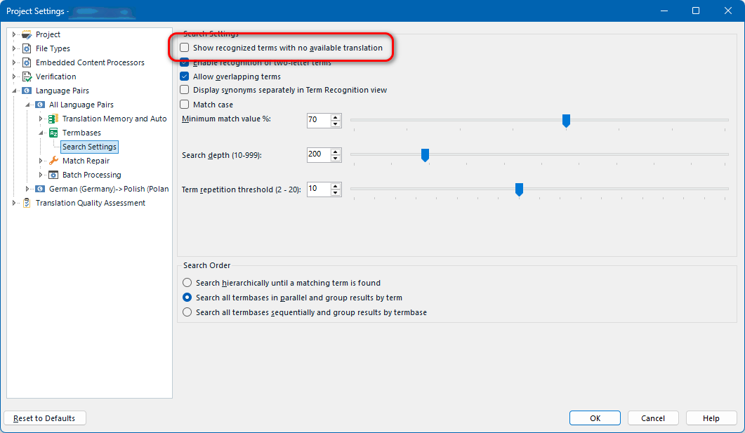 Screenshot of Trados Studio Project Settings with the 'Search Settings' section highlighted, showing an option 'Show recognized terms with no available translation' checked.