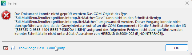 Error message in German stating that the document could not be checked due to an unsupported interface error with HRESULT: 0x80004002 (E_NOINTERFACE).