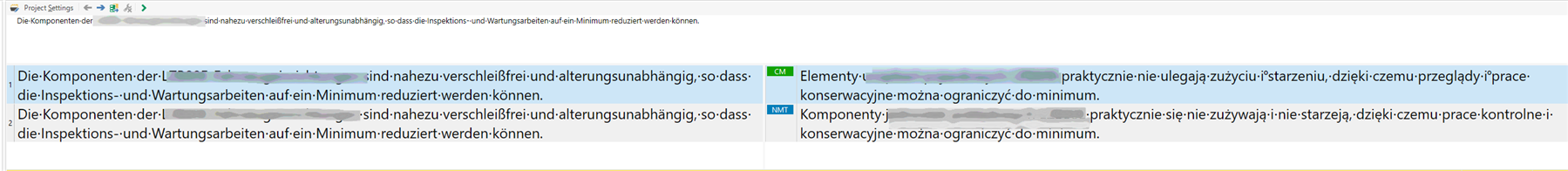 Screenshot of Trados Studio on a 5160x1440 pixels 49-inch display showing a bilingual text comparison. The left column contains German text, and the right column contains Polish translations.