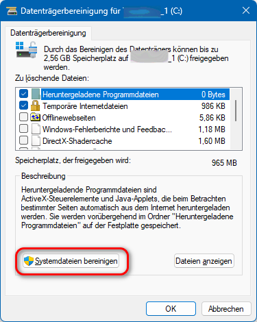 Disk Cleanup window showing options to delete files, including downloaded program files, temporary internet files, and more. 'Clean up system files' button is highlighted.