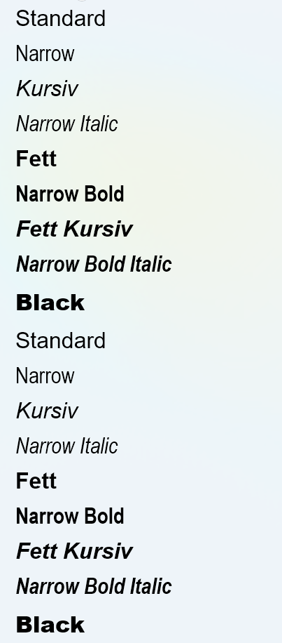 A list of font styles including Standard, Narrow, Kursiv, Narrow Italic, Fett, Narrow Bold, Fett Kursiv, Narrow Bold Italic, and Black, displayed in different weights and styles.