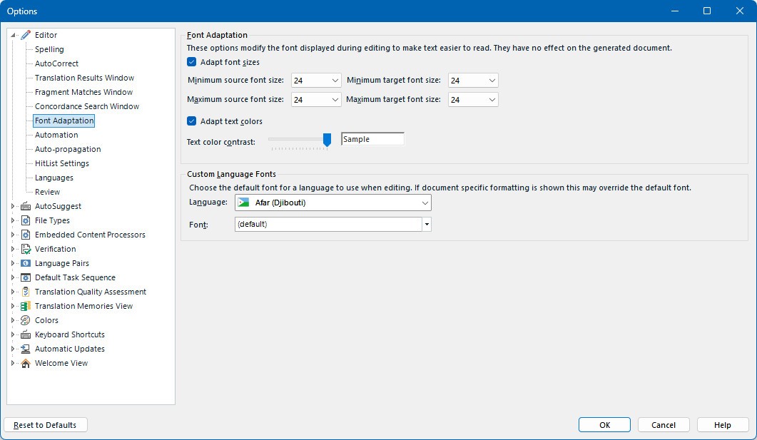 Trados Studio options window showing Font Adaptation settings. Includes font size adjustments, text color contrast slider, and custom language font selection for Afar (Djibouti).