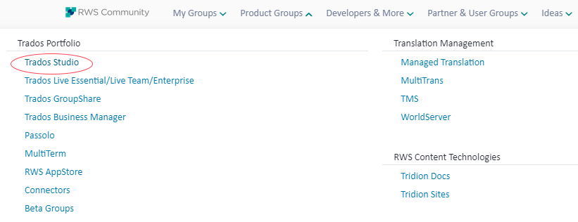 RWS Community website with top navigation menu open showing 'Trados Studio' highlighted in red under 'Product Groups'.