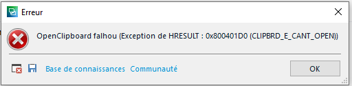 Error dialog box with a red cross icon saying 'OpenClipboard failed (Exception de HRESULT : 0x800401D0 (CLIPBRD_E_CANT_OPEN))'. Buttons for 'Knowledge base' and 'Community' are present along with an 'OK' button.