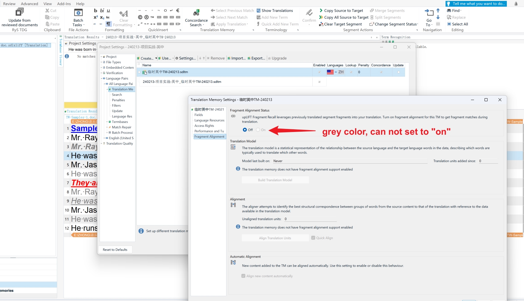Screenshot of Trados Studio settings with the Fragment Alignment status toggle in grey color, indicating it cannot be set to 'on'.