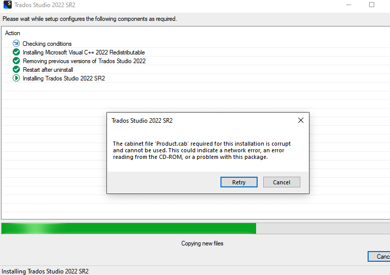 Error message during Trados Studio 2022 SR2 installation stating 'The cabinet file 'Product.cab' required for this installation is corrupt and cannot be used.' with options to Retry or Cancel.