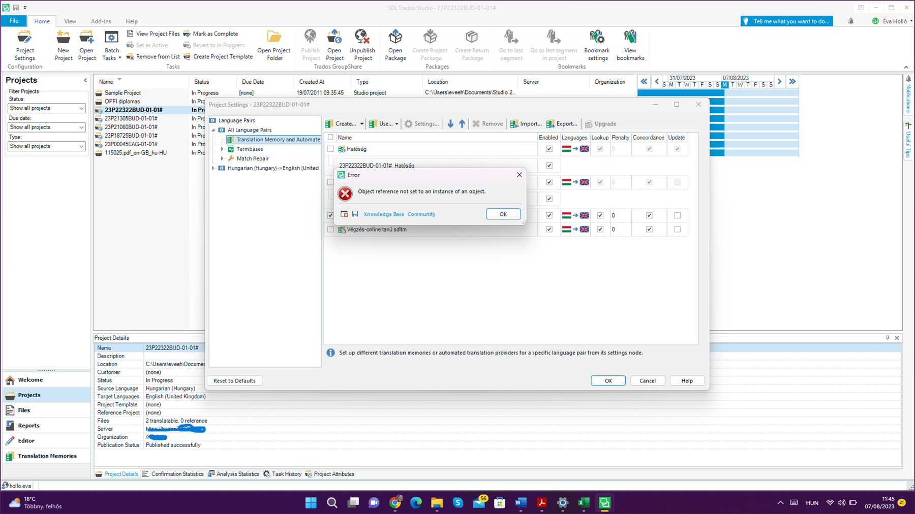 Error message in Trados Studio project settings showing 'Object reference not set to an instance of an object' when attempting to remove translation memories.