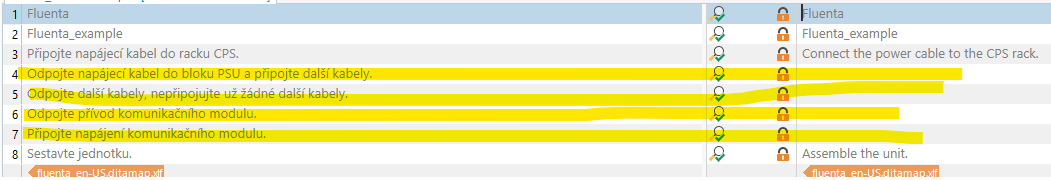 Screenshot of a translation software interface highlighting several segments with yellow, indicating changes or updates to the segments.