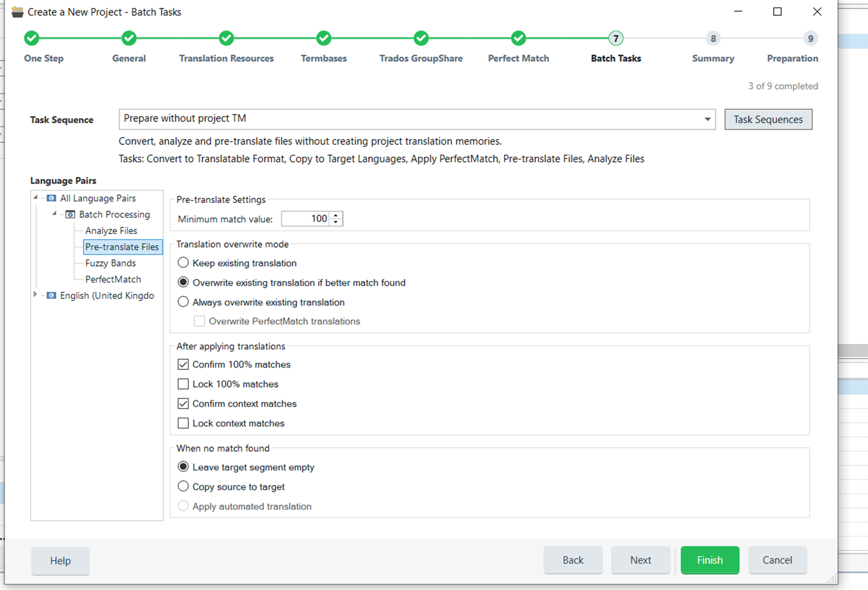 Trados Studio screenshot showing the 'Create a New Project - Batch Tasks' window with 'Apply automated translation' option greyed out and unselectable.