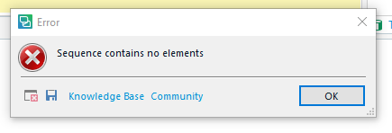 Error message window from Trados Studio stating 'Sequence contains no elements' with an OK button.