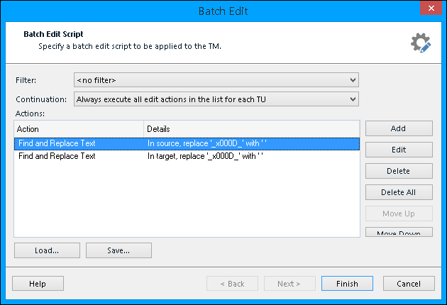 Batch Edit Script dialog box with actions to find and replace '_x000D_' with an empty string in both source and target text.