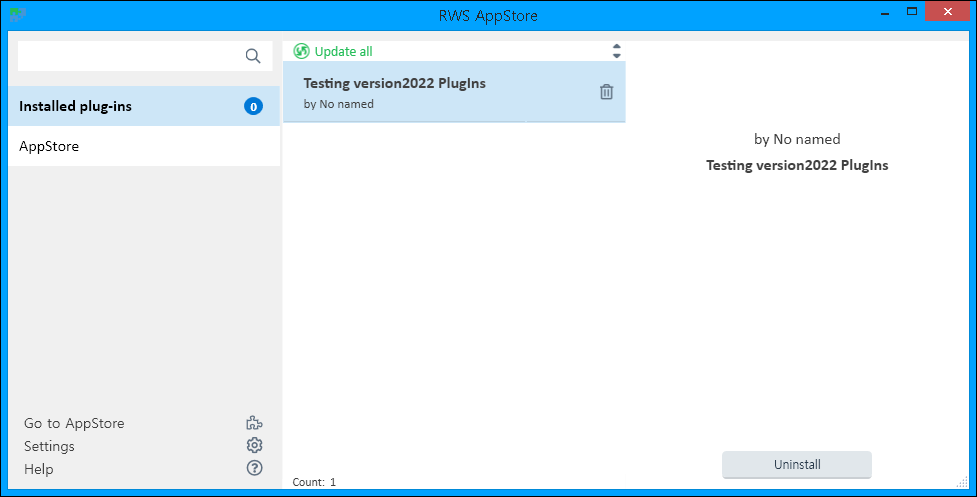 Trados Studio RWS AppStore window showing 'Installed plug-ins' section with 'Testing version2022 PlugIns' by 'No named' selected. An 'Update all' button is visible at the top.