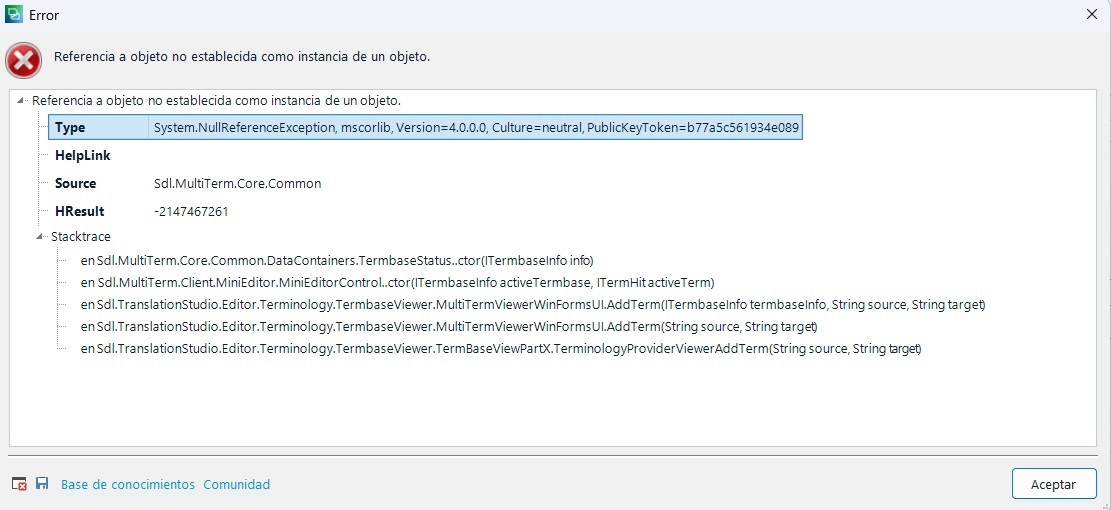 Error dialog box in Trados Studio with a message 'Referencia a objeto no establecida como instancia de un objeto.' and details including a NullReferenceException error, source Sdl.MultiTerm.Core.Common, and a stack trace.