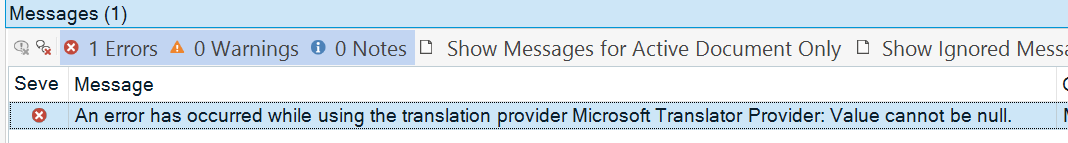 Trados Studio error message stating 'An error has occurred while using the translation provider Microsoft Translator Provider: Value cannot be null.'