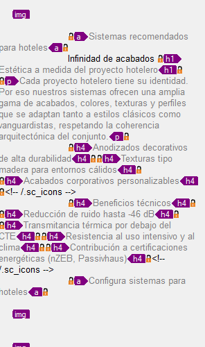 Screenshot showing a text editor interface with segments in black and grey. Grey segments have lock icons, indicating they are uneditable. Tags like h1, h4, and p are visible.