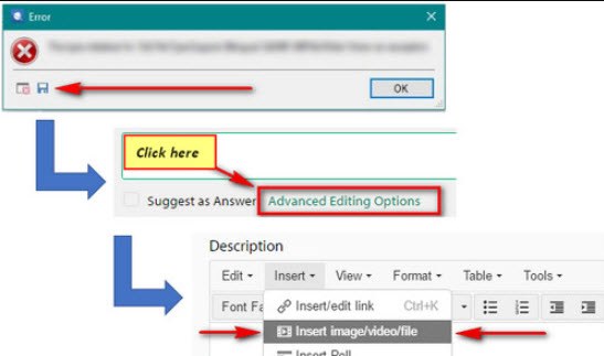 Error dialog box with red X icon, message 'Failed to save target content: Object reference not set to an instance of an object.' and OK button. Arrows pointing to 'Click here' and 'Advanced Editing Options' buttons in Trados Studio.