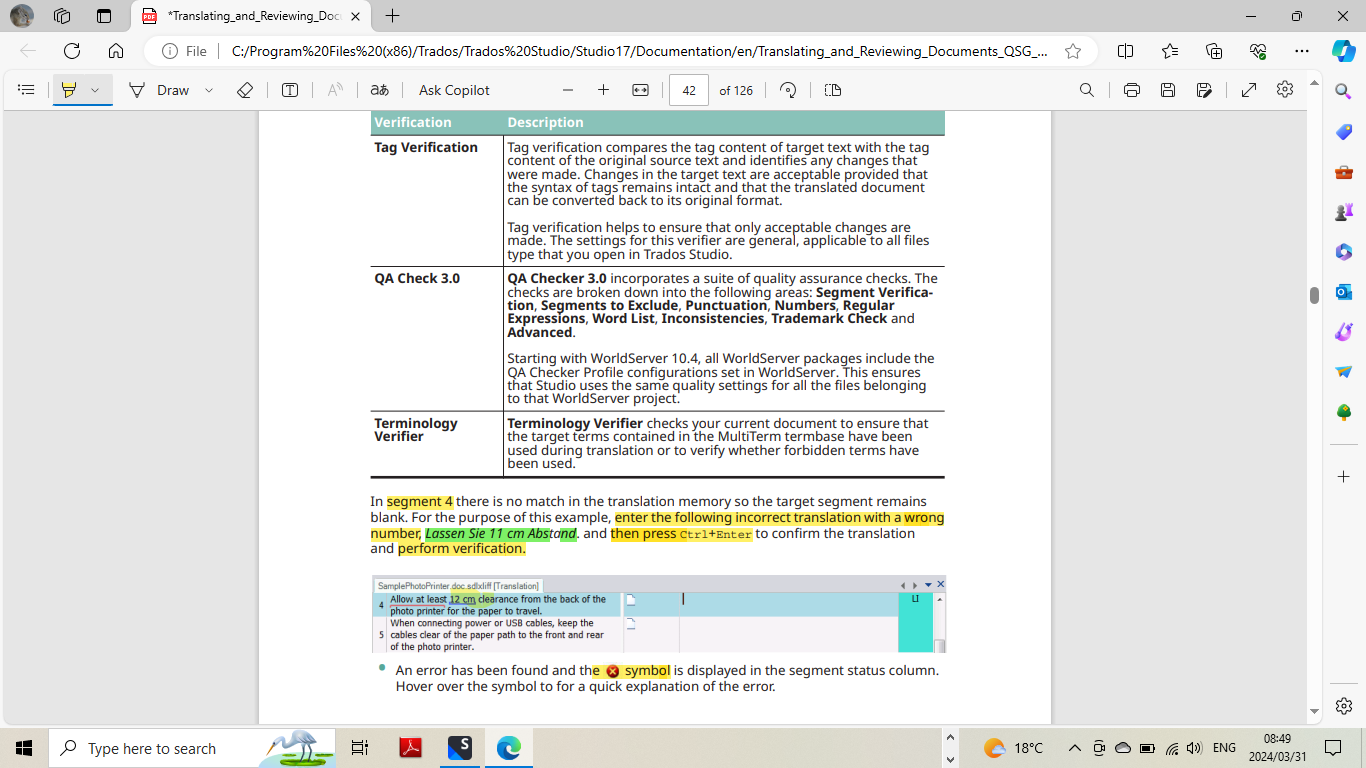 Screenshot of Trados Studio showing QA Checker 3.0 and Terminology Verifier sections with an error in segment 4 indicating a missing match in the translation memory and an incorrect number entered in the translation.