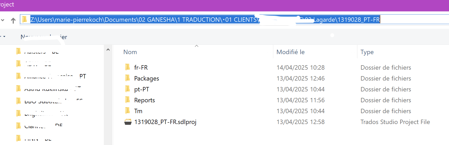 Screenshot of a file explorer window with a directory path leading to a Trados Studio project. Folders for different languages and a project file named '1319028_PT-FR.sdlproj' are visible.