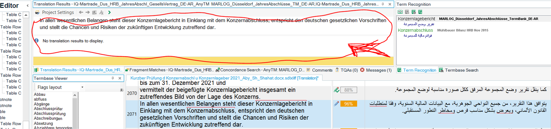 Screenshot of Trados Studio Editor showing a segment with a 96% match highlighted in green. A message 'No translation results to display' is visible, indicating an issue with displaying the TM match. Red scribbles are drawn over the Translation Results pane.