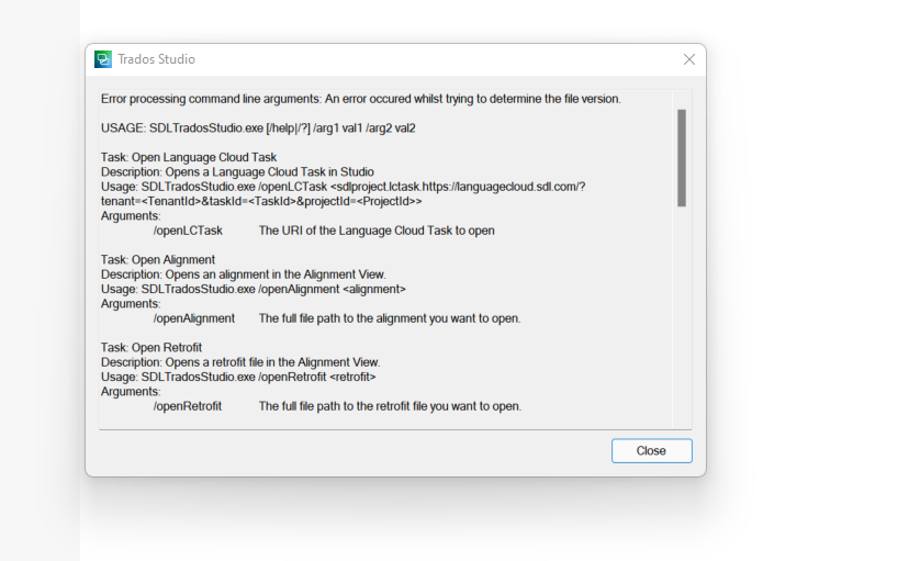 Trados Studio error message window showing 'Error processing command line arguments: An error occurred whilst trying to determine the file version.' followed by usage instructions for various tasks.