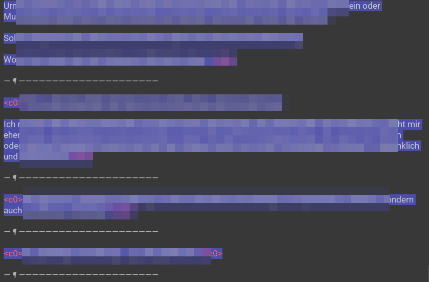 Screenshot of Trados Studio editor showing a pixellated view of an sdlxliff file with visible line breaks and paragraph breaks in the segmentation.