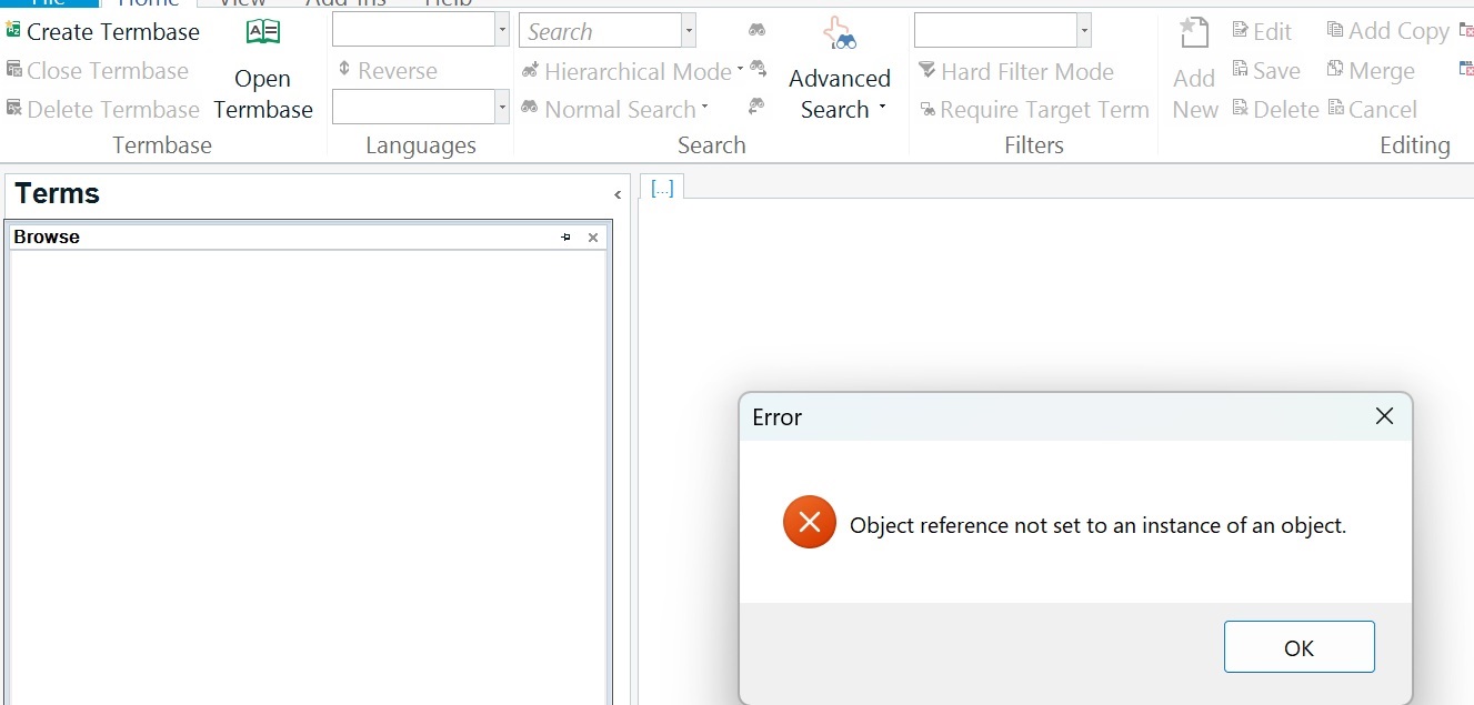 Screenshot of Trados Studio with an error dialog box stating 'Object reference not set to an instance of an object.'
