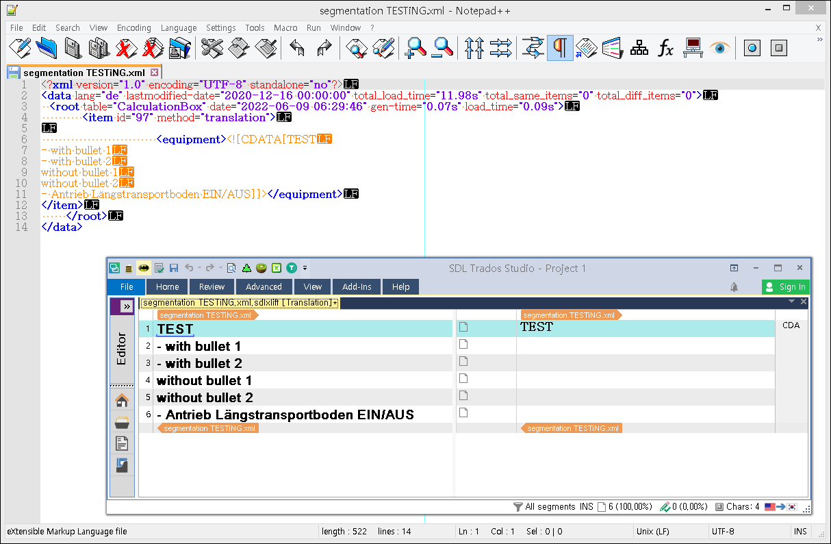 Trados Studio interface showing an XML file in Notepad++ with 'segmentation TESTING.xml' and various lines of code, alongside the Trados Studio editor with segments labeled 'TEST' and 'with bullet 1'.