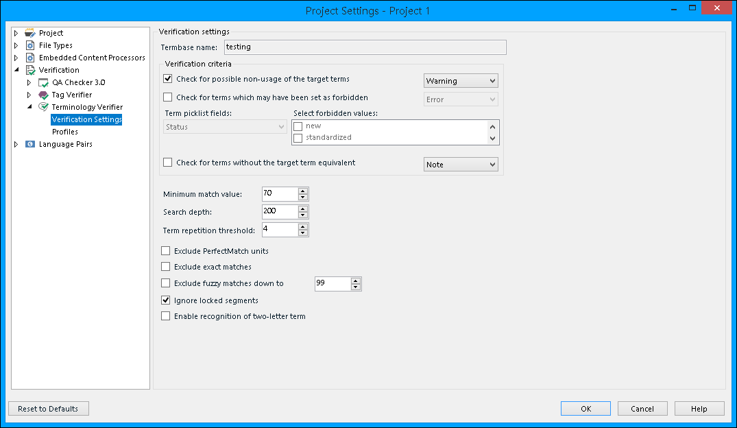 Trados Studio Project Settings window with Verification settings open, showing options for checking non-usage of target terms and forbidden terms with dropdowns for warning and error levels.