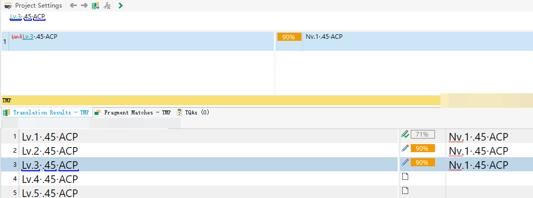 Trados Studio interface showing a translation segment with 'Lv.3:45-ACP' in English and 'Nv.1:45-ACP' in Portuguese, with a 90% match highlighted.