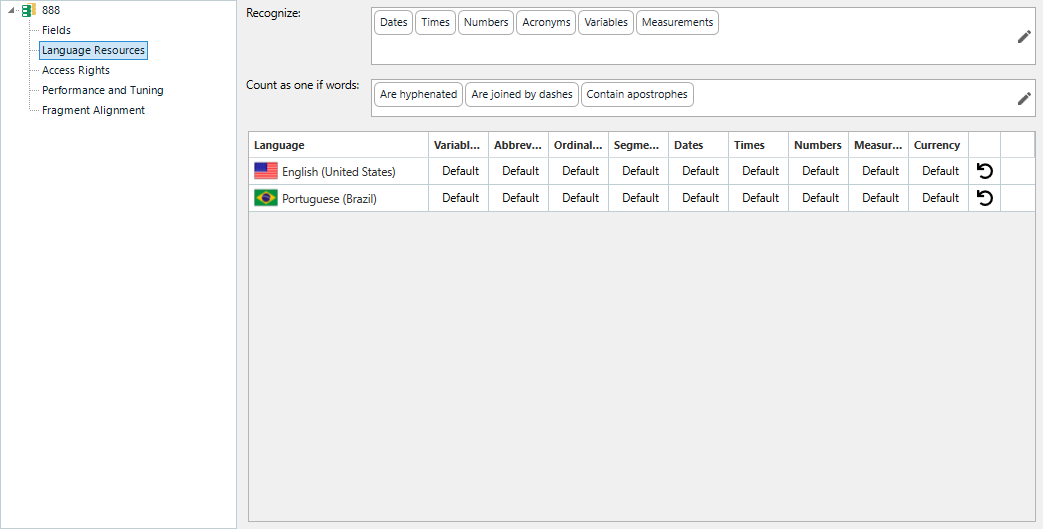 Language Resources settings in Trados Studio displaying English and Portuguese with default configurations for variables, dates, times, and other options.