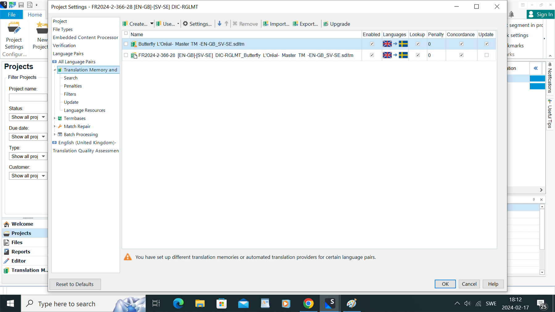 Trados Studio project settings window showing two translation memories added for English-GB to Swedish language pair with a warning message 'You have set up different translation memories or automated translation providers for certain language pairs.'