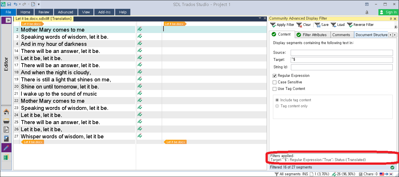 Trados Studio interface showing the Community Advanced Display Filter with filters applied for Target containing percentage sign, using Regular Expression, and Status set to Translated.
