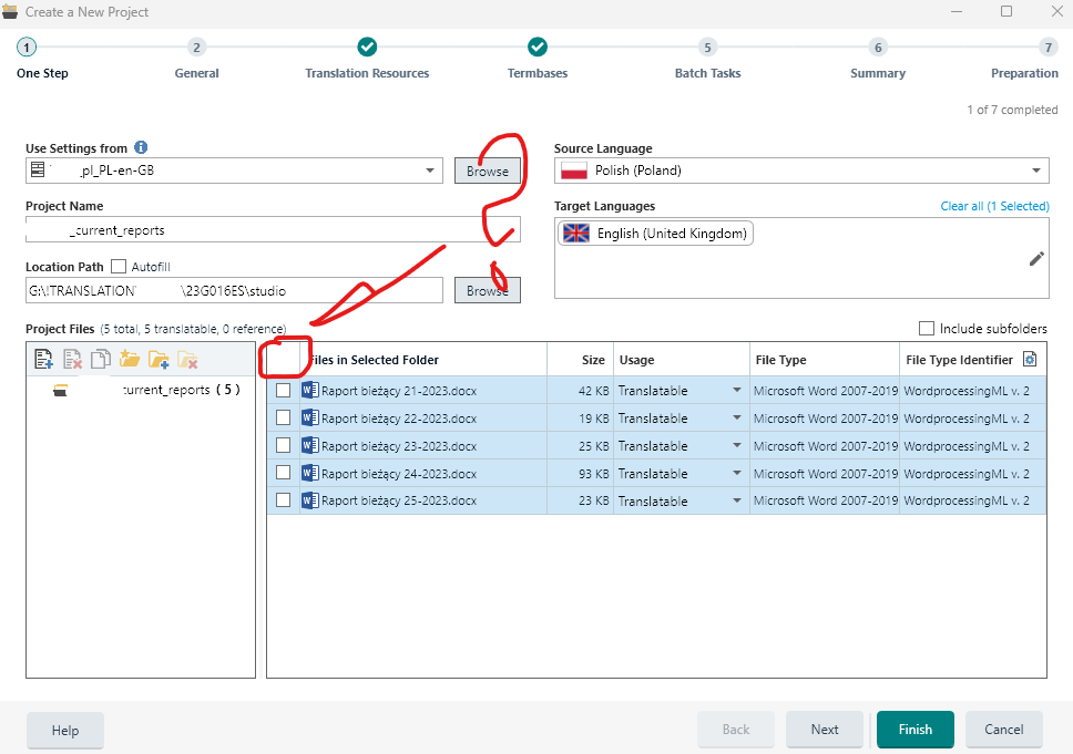 Trados Studio 2022 SR1 interface showing the 'Create a New Project' window with missing checkbox for selecting multiple files in the 'Files in Selected Folder' section. Red arrows point to the 'Browse' buttons and the area where the checkbox should be.