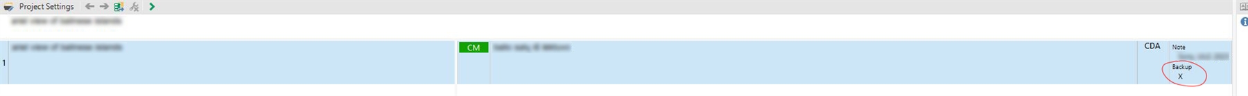 Trados Studio Project Settings window with 'Backup' field circled in red under the 'Note' column, indicating a request to hide this field.