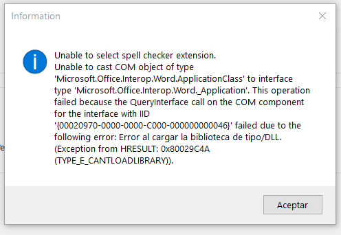 Information dialog box showing error message: Unable to select spell checker extension. Error loading the DLL library. Error code 0x80029C4A.