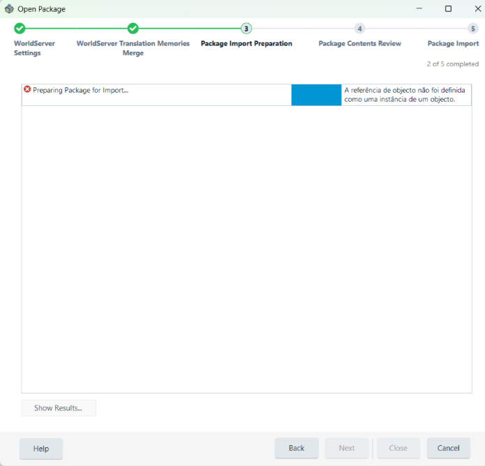 Screenshot of the Open Package window showing step 3, Package Import Preparation, with an error message: 'A referencia de objeto nao foi definida como uma instancia de um objeto.'
