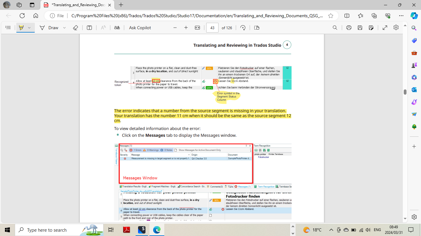 Screenshot of Trados Studio highlighting an error in the Segment Status Column where the number '11 cm' from the source segment is incorrectly translated instead of '12 cm', with the Messages Window open showing the error details.